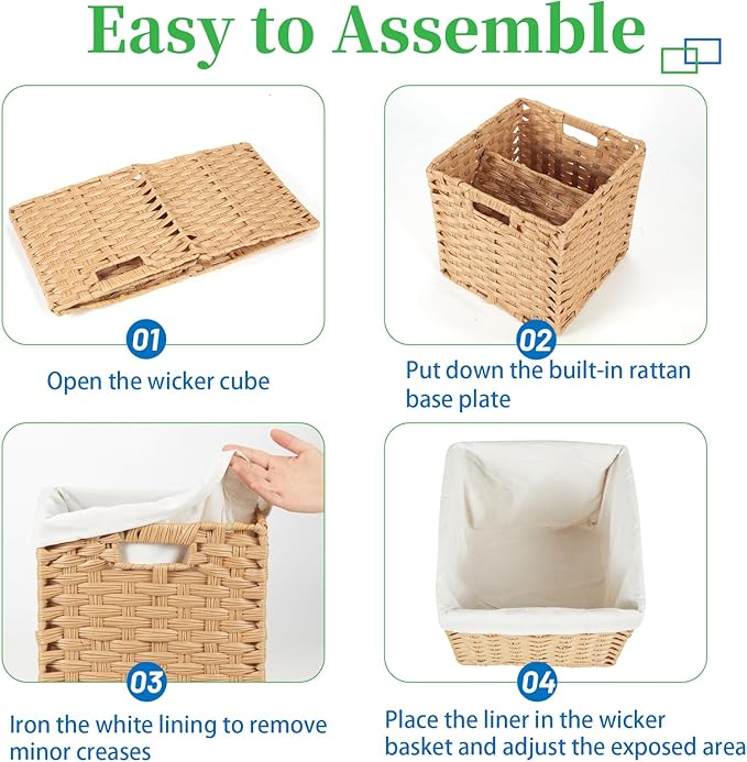 Bidtakay Wicker Storage Baskets with Liners 11x11 Storage Cube Bins with Handles Imitation Water Hyacinth 4-Pack Waterproof Woven Storage Baskets for Organizing Rattan Baskets Organizer-Natural