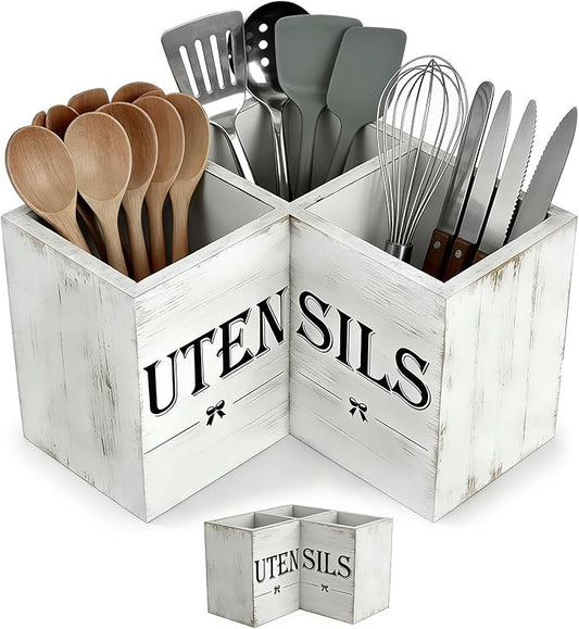 Extra Large Utensil Holder with 3 Compartments, Wooden Farmhouse Utensil Holder for Kitchen Countertop, Storing Tableware, Farmhouse Decor (Distressed White)