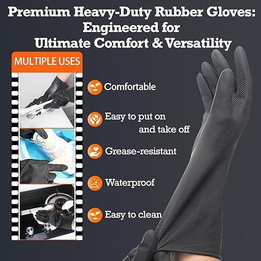 Black Thick Rubber Cleaning Gloves - 2 Pairs of Extra-Large, Reusable, Non-Slip, Heavy-Duty, Waterproof Gloves for Dishwashing and Kitchen Cleaning