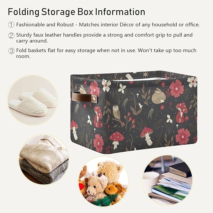 linqin Mushrooms Berries Pattern Rectangle Storage Basket Collapsible Storage Bin for Nursery Books Waterproof Baskets for Closet Shelves Bedroom Decor
