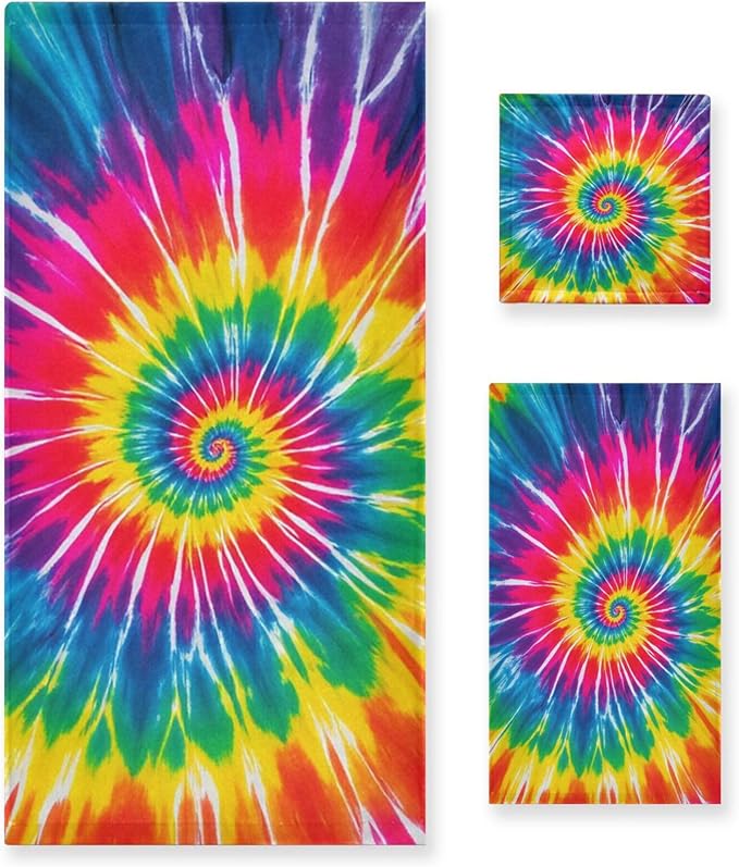 Pfrewn Tie Dye Towels Set of 3 Rainbow Hippie Colors Bathroom Towel Soft Absorbent Chic Abstract Swirl Bath Hand Towels Washcloth Guest Towel Sets Bathroom Decorations
