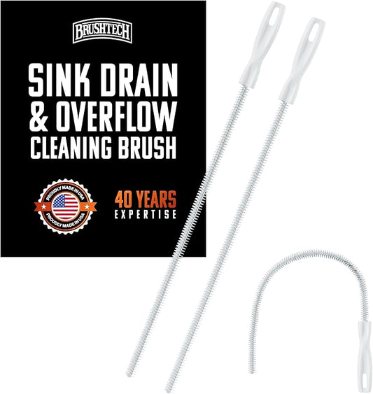 Brushtech Sink Drain & Overflow Cleaning Brush - Thin & Flexible Drain Cleaning Gadget for Clogs, Hair, & Debris - Long Pipe Brush for Kitchen & Bathroom Sink Maintenance - Made in USA (2-Pack)