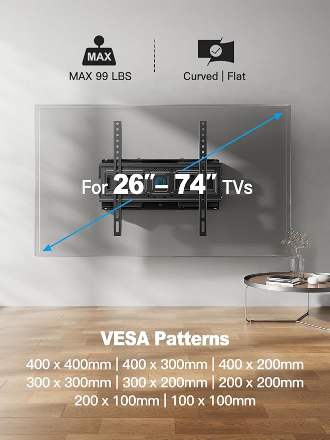 Pipishell TV Wall Mount for 26-74 inch LED LCD OLED 4K TVs up to 99lbs, Full Motion TV Mount Bracket Articulating Swivel Extension Tilting Leveling Max VESA 400x400mm, Fits 12/16 Inch Wood Studs