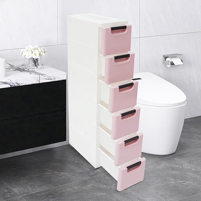 6 Drawers Storage Cabinet, Narrow Plastic Dresser, Rolling Organizer Cart, Mobile Slim Utility Cart on Wheels, Storage Drawer for Small Spaces (Light Pink)