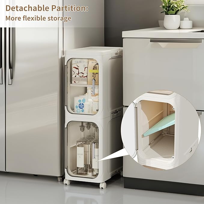 5-Tier Narrow Storage Cabinet Slim Bathroom Storage Cabinet with Movable Wheels Tall Bathroom Organizer Skinny Cabinet for Small Spaces，Beige