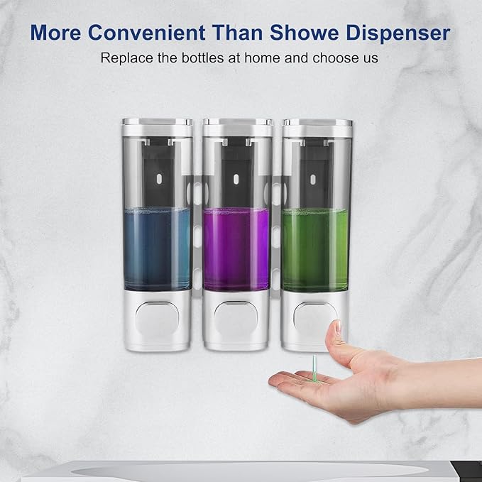 6pcs Shampoo and Conditioner Dispenser No Drill Shower soap Dispenser Wall Mounted 3 Chamber for Bathroom, Kitchen,Hotel Pumps are Easy to use No leaks (Silver)