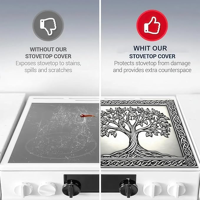 Tree of Life Stove Top Cover for Electric Stove Silver Embossed Celtic Design Dish Drying Mat 28x20 Inch Decorative Kitchen Protector Fit Under Coffee Maker