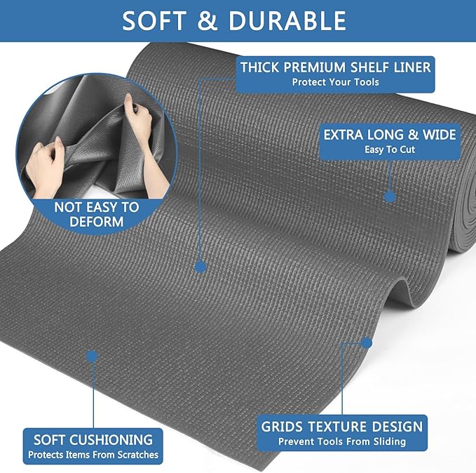 Foam Toolbox Liner Drawer Mat 1/8 Inch Thick X 24 Inch Wide X 24 Ft Long Gray, No Slip for Protecting Cabinet, Garage, Cart, Tool Box