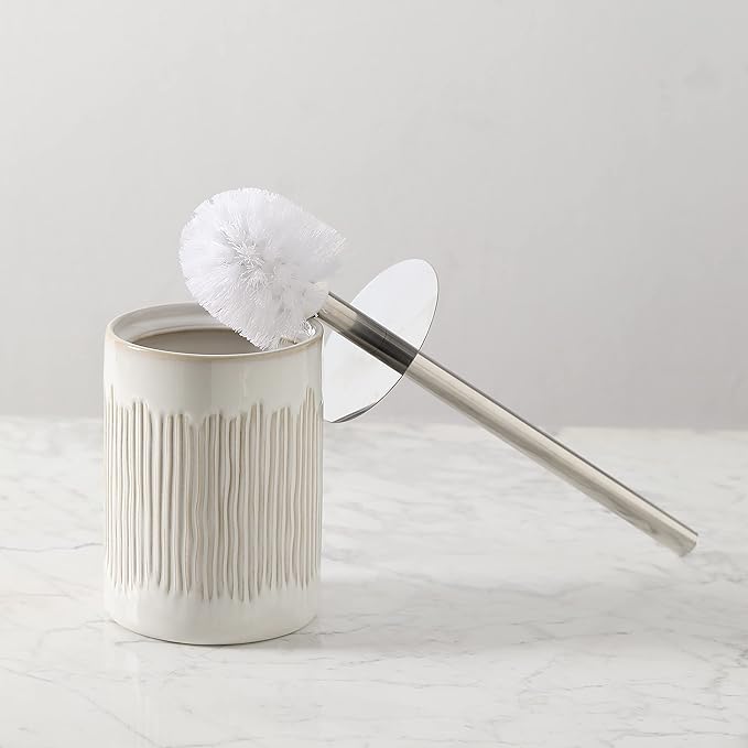 Bathroom Accessories Ceramic Toilet Brush Set - Toilet Bowl Brush and Holder (Ivory White)