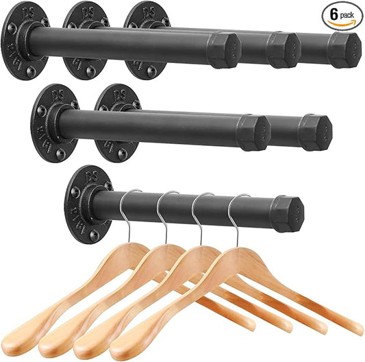 Cast Iron Wall Mounted Clothes Rack, Heavy Duty Industrial Pipe Clothing Rack for Hanging Clothes, Garment Racks for Wardrobe Organizers and Storage, DIY Closet Rods Closet Bar (Black 6 Pack, 8 in)