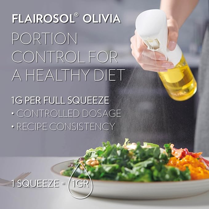 FLAIROSOL OLIVIA Oil Sprayer for Cooking, 2 Pack Olive Oil Spray Bottle130ml Glass Oil Sprayer Mister for Salad, BBQ, Continuous Spray with Portion Control
