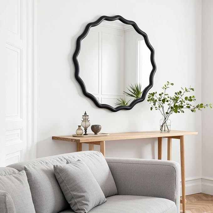Circle Scalloped Mirror for Wall 24" Round Wavy Wooden Frame Vanity Mirror Hanging for Bedroom, Living Room, Hallway, Entryway, Home Decor Black