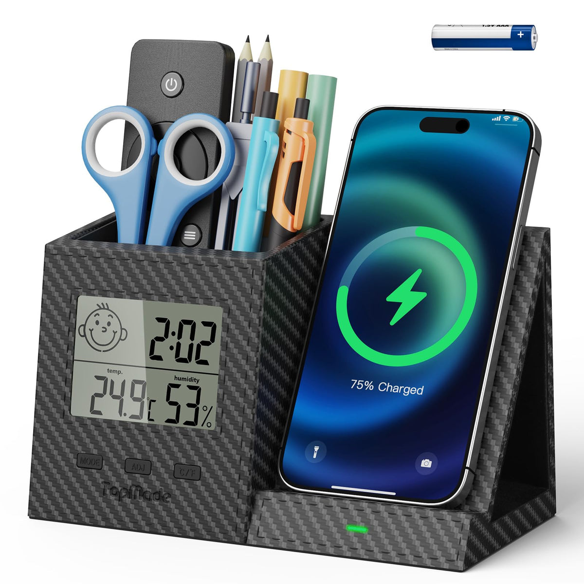 Wireless Charger with Pen Holder, LED Screen Desk Organizer - Image 1