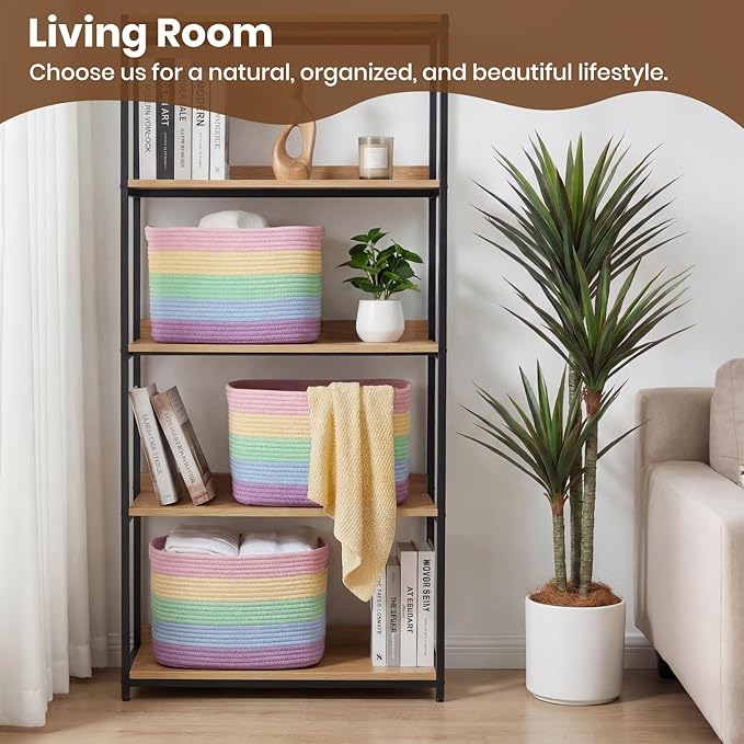 Storage Baskets for Organizing, 14 x 10 x 9” Closet Shelf Woven Baskets, Square Bins with Handles, Cotton Rope Basket for Toys, Clothes, Office, Room, Rainbow 3 Pack