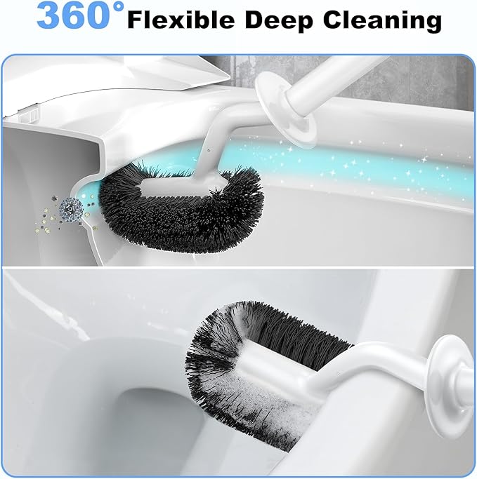 HAMITOR Toilet Bowl Brush Holder Set: Curved Design with Holder for Deep Cleaning Under Rim - Compact Hidden Scrubber for Small Space - Modern RV Bathroom Accessories - White (Pack of 2)