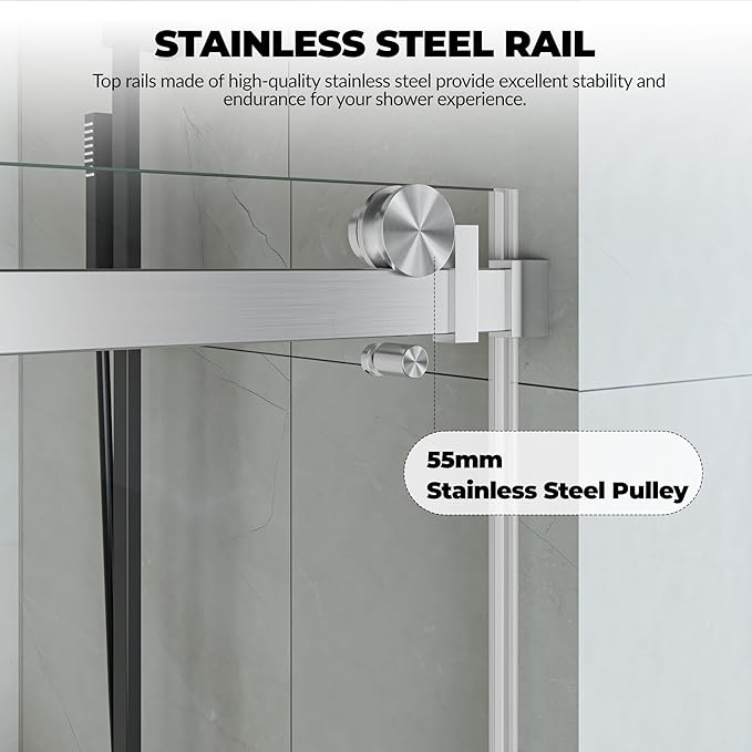 Sliding Shower Door 56–60 inch W× 76 inch H, Frameless Glass Shower Door with Square Stainless Steel Track and 55mm Rollers, 6mm Tempered Glass, Modern Sliding Shower Doors for Bathroom Remodeling