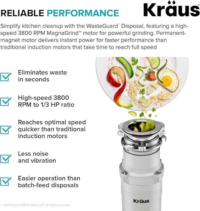 KRAUS WasteGuard 1/3 HP Continuous Feed Garbage Disposal with Ultra-Quiet Motor for Kitchen Sink with Power Cord and Flange Included, KWD201-33MCG