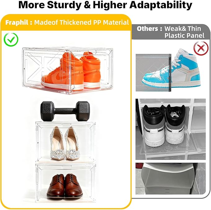 Stackable Clear Pink Shoe Boxes 6 Pack with Magnetic Door, Drop Front Sneaker Storage Organizer for Closet, Large Transparent Plastic Shoe Storage Containers