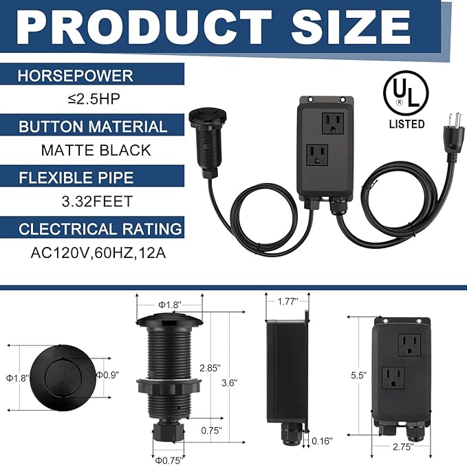 Garbage Disposal Air Switch Kit Wireless Sink Top Garbage Disposal Button Stainless Steel/On/Off Waterproof Button Kit with Long Switch Matte UL Listed(Dual Outlet,Black,Long Size)
