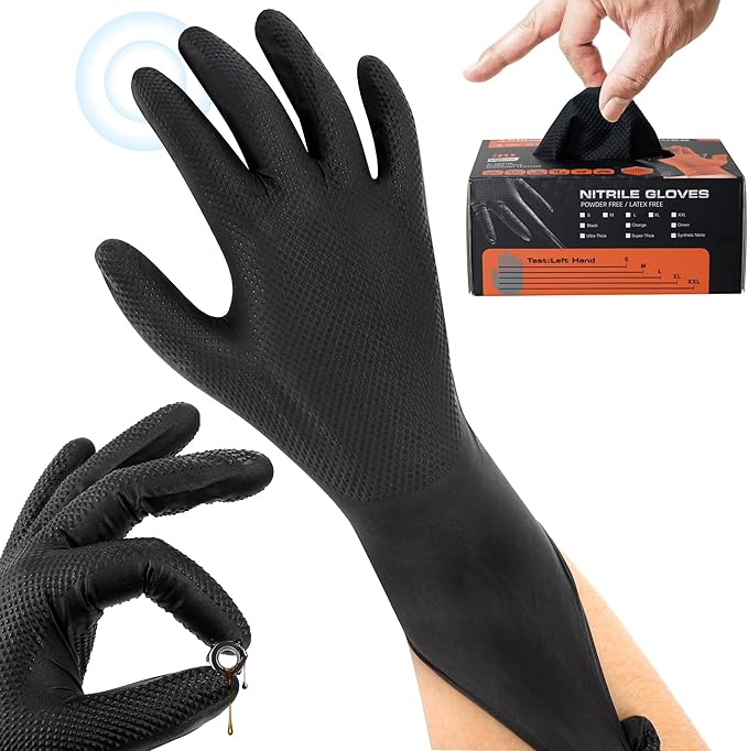 wcy Anboson 9 Mil Latex Free Disposable Nitrile Gloves - Black, M, 30PCS (Diamond Grip for Mechanics/Automotive/Industrial/Garden Rubber Gloves for Men, Touchscreen Compatible)