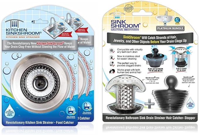 SinkShroom Revolutionary Clog-Free Sink Strainer Basket, 2-Pack, Stainless Steel + SinkShroom Ultra Revolutionary Bathroom Sink Drain Protector, Stainless Steel with Stopper