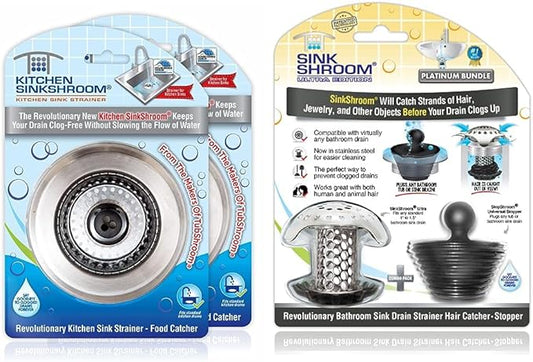 SinkShroom Revolutionary Clog-Free Sink Strainer Basket, 2-Pack, Stainless Steel + SinkShroom Ultra Revolutionary Bathroom Sink Drain Protector, Stainless Steel with Stopper