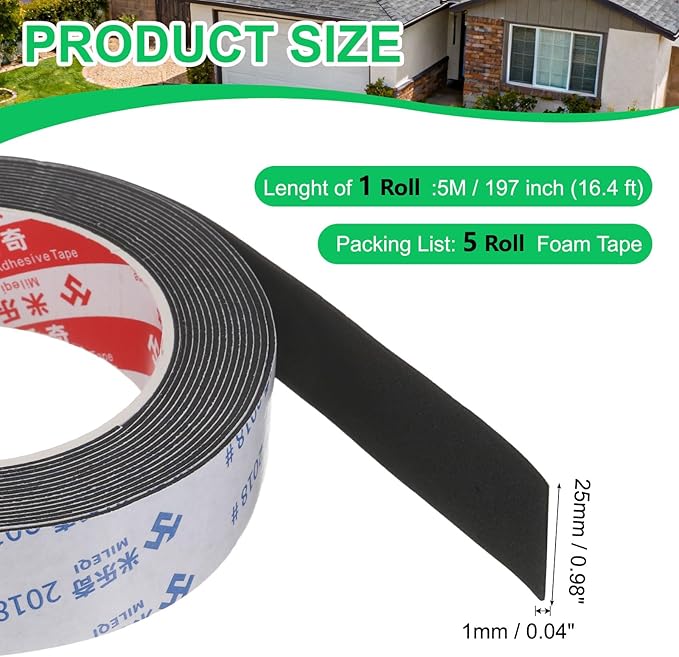 PATIKIL 5Roll Sponge Rubber Foam Tape, 63/64" W x 1/32" t x 16.4ft l Self-Adhesive Foam Insulation Tape Weather Stripping for Window Door Soundproofing Weatherstrip AC Seal Strip, Black