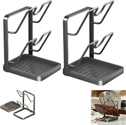2Pack Pot Lid Storage Rack – A kitchen Countertop Storage Rack For Storing Cookware Lids, Featuring A Drip Tray, 304 Stainless Steel Multi-Functional Kitchen Storage Rack(Grey, Double-Layer)