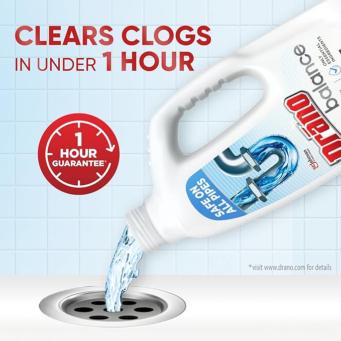 Drano Drain Clog Remover, Non-Corrosive Formula, 32 Fl Oz, Pack of 2 | Safe on All Pipes | Essential Ingredients