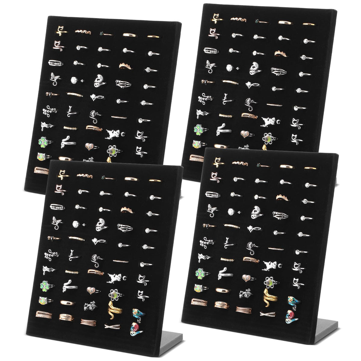 4 Pcs Black Velvet Ring Display Stand, 50 Slots L-Shaped - Image 1