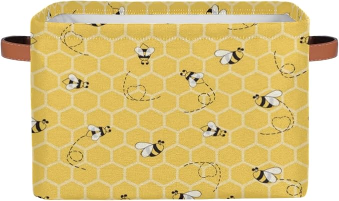 2Pack Yellow with Bees Large Collapsible Storage Bins,Honey Honeycombs Decorative Canvas Fabric Storage Boxes Organizer with Handles,Rectangular Shelves Baskets Box for Home Office Nursery Closet