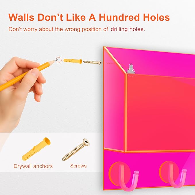 Acrylic Key Holder Wall Mount Mail Organizer for Wall with Shelf Storage Drawer and 5 Hooks, Neon Pink