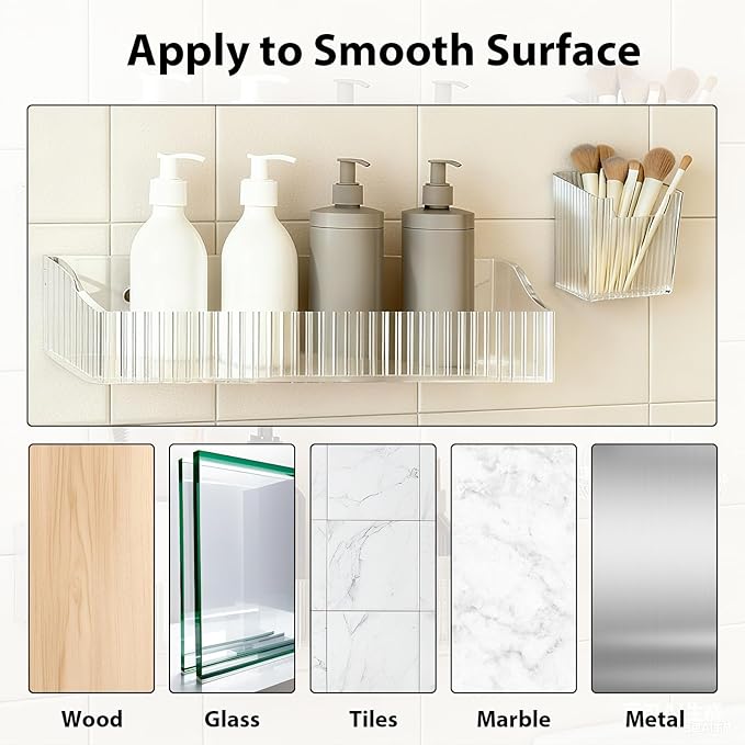 4 Pack Acrylic Shower Caddy Adhesive, Clear Shower Shelves No Drilling with Soap Holder & Toothbrush Holder, Bathroom Wall Shelf