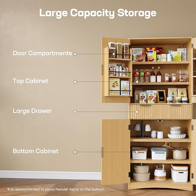 Marsail 72" Tall Kitchen Pantry Cabinet, Spacious Storage Cabinet with a Drawer, 4 Adjustable Shelves, 6 Door Shelves, Anti-Tip Safety, Fluted Cabinet for Kitchen, Dining, and Living Room, Natural