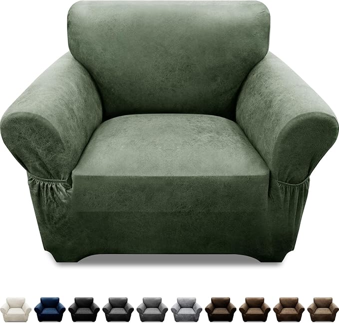 Single Sofa Cover Leather Look Chair Covers for Living Room 1-Piece Sofa Chair Covers with Arms Stretch Furniture Protector with Elastic Bottom & Pockets(Armchair, Army Green)