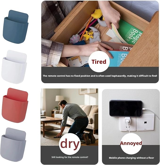 4-Pack Adhesive Wall Organizer, Multipurpose Stick-on Storage Box for Remote Phone Pen Keys, for Kitchen Bathroom Office (4 Colors) (Red)