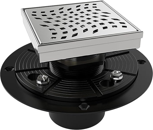 WEBANG 4 Inch Square Shower Drain Brushed Floor Drain with Flange Wave-Hole Pattern Cover Grate Removable SUS304 Stainless Steel Watermark&CUPC Certified Brushed