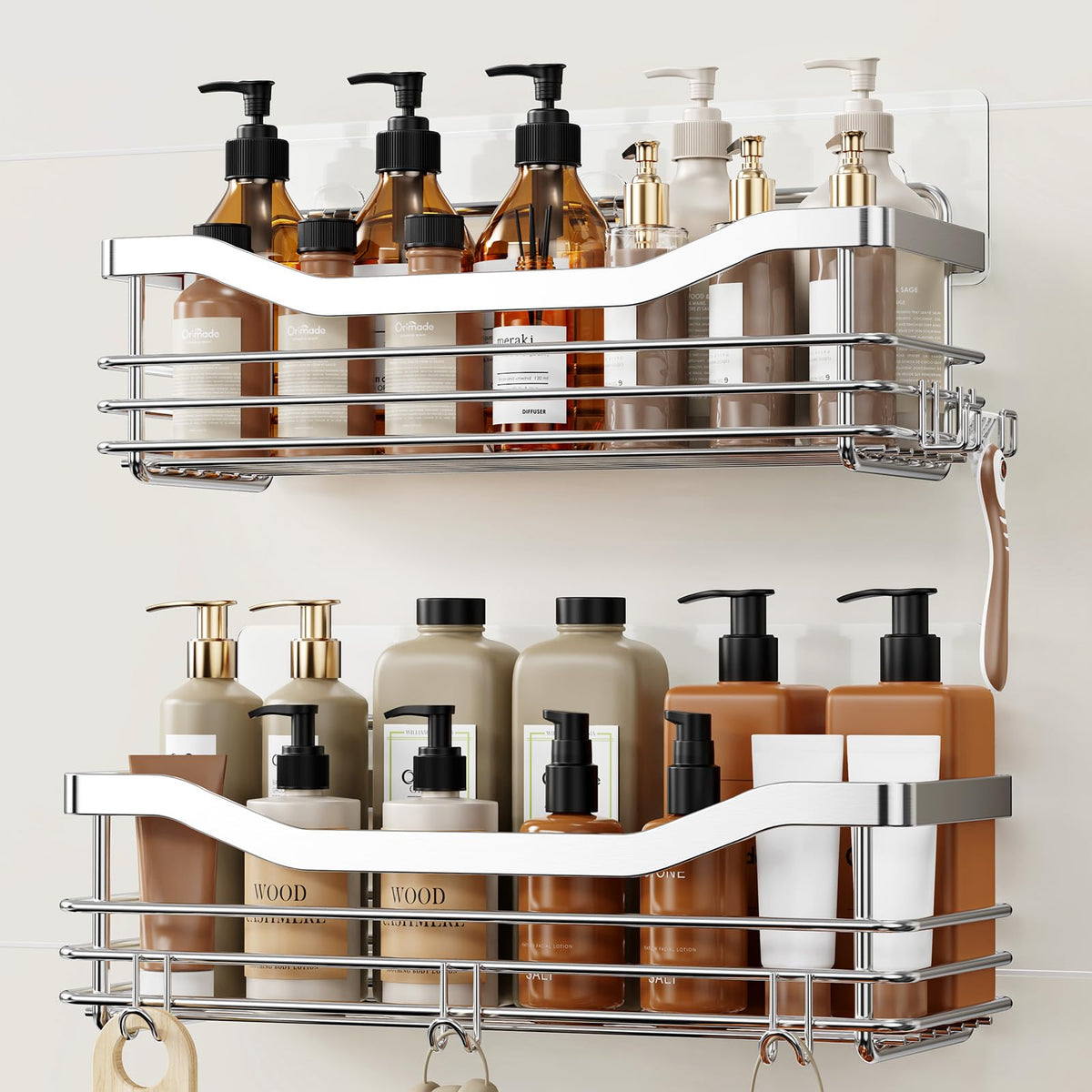 Orimade Shower Caddy Basket Shelf with 5 Hooks Adhesive Organizer - Image 1