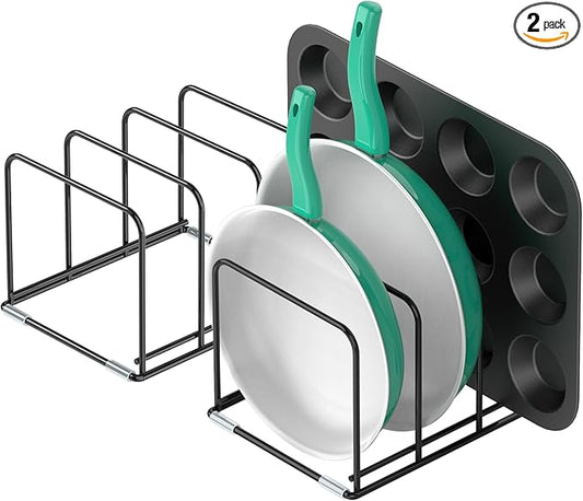 Kitchen Cabinet Organizer, 2PCS Steel Cookware Holder, Divided Holder with 3 Slots for Skillets Baking Tray and Chopping Board Rack - Pan Holder Storage (2.2 Inch Width Slots)