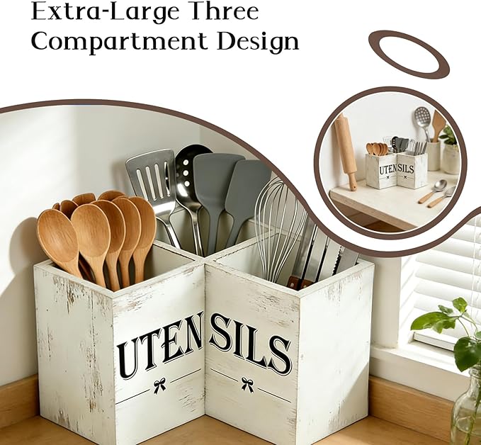 Extra Large Utensil Holder with 3 Compartments, Wooden Farmhouse Utensil Holder for Kitchen Countertop, Storing Tableware, Farmhouse Decor (Distressed White)