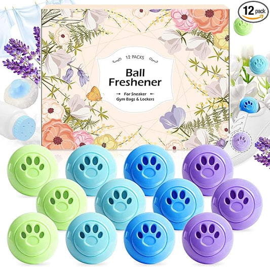STRN Sneaker Deodorizer Balls 12 Packs, Linen & Lavender & Jasmine & Baby powder Scent Shoe Odor Elimination Long-lasting Freshness Scented Plastic Ball for Sneakers Gym, Bags, Cars and Small Spaces