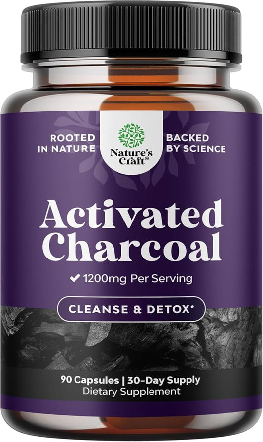 Natures Craft Activated Charcoal Pills Detox & Cleanse - Purifying Coconut Capsules with 1200 mg Per Serving for Bloating Relief - Active Detox Supplement for Body & Gut Health - 90 Count