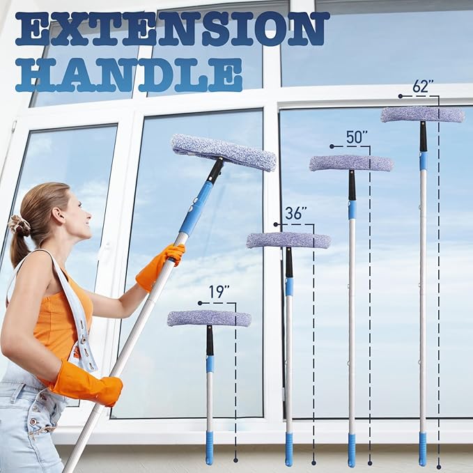 Window Cleaning Kit,Window Washing Kit with 4.13Ft Extension Pole,Window Cleaner Tool with 4 Stage Telescoping Pole, A Silicone Scraper and 2X Microfiber Scrubber Sleeves