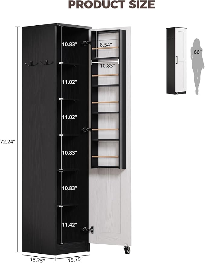 IRONCK Small Kitchen Pantry Cabinet 72" for Narrow Space, with Single Door and Adjustable Shelves, Freestanding Tall Storage Cabinet for Living Room, Bathroom, Black and White