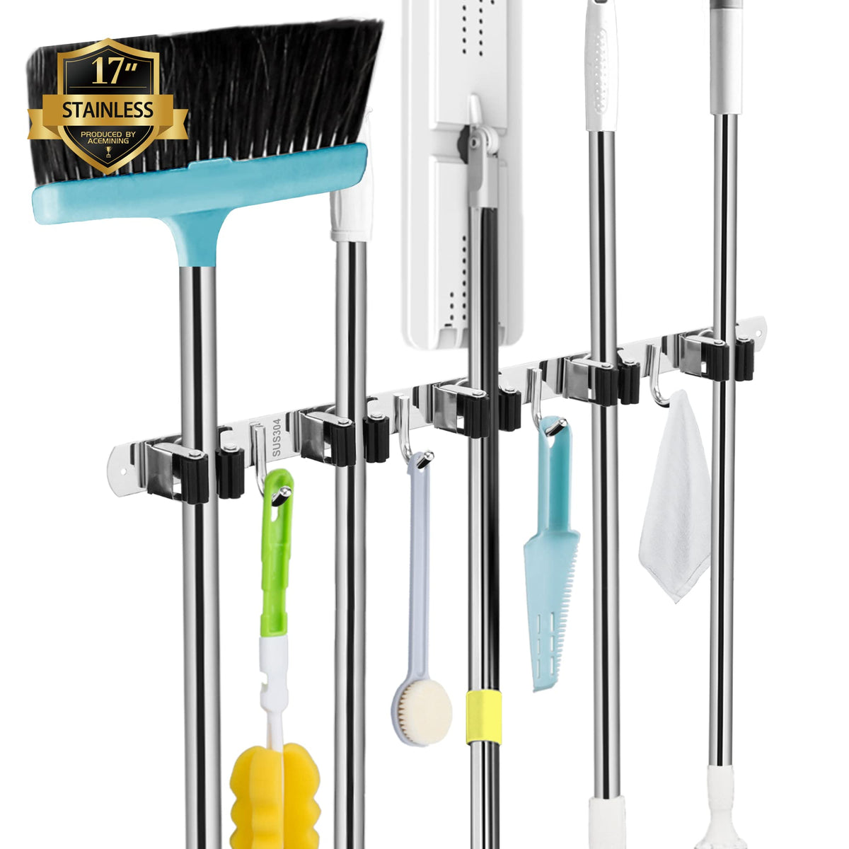 AceMining Broom Holder Wall Mount, 5 Racks 4 Hooks Heavy Duty Mop - Image 1