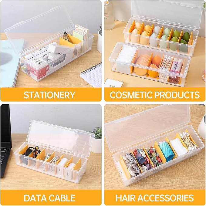 Clear Cable Organizer Box with Lid, Plastic Charger Cable Cord Storage Organizer, Office Desk Organizers, Multifunctional Accessories Storage for Home Drawer Office, Stackable, Clear