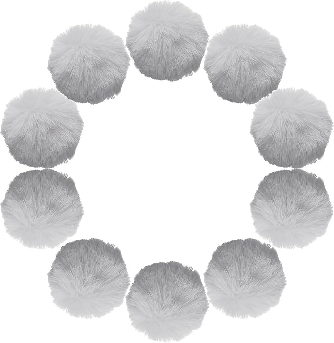 uxcell 3.5 Inch Faux Fur Pom Pom Balls, 10 Pcs Light Grey Fluffy Soft Faux Fur Pom Poms for Hats with Elastic Loop for DIY Knitting Hats Keychain Scarves Gloves Bags Shoes Accessories