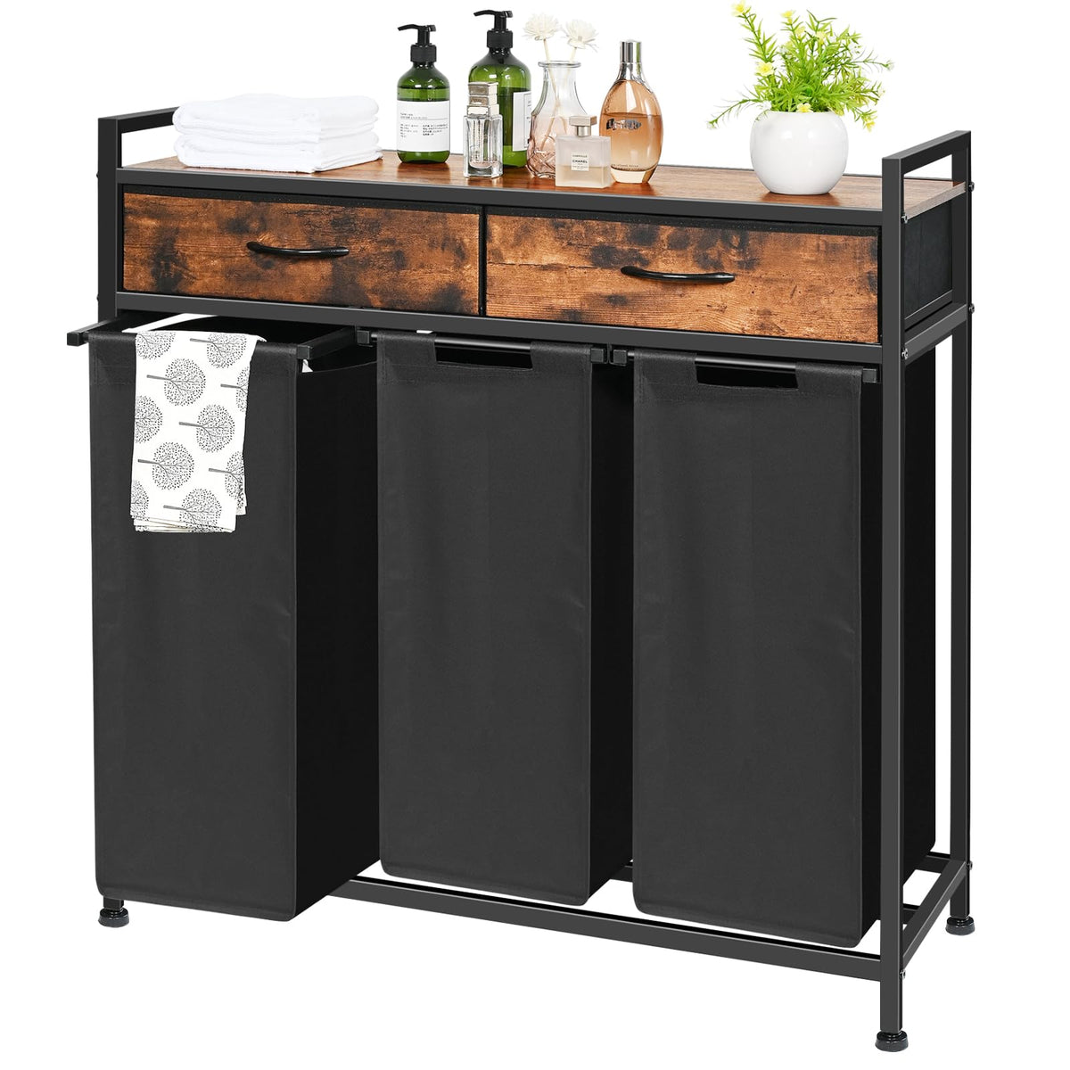 180L Laundry Sorter Hamper Basket 3 Section with Shelf & 2 - Image 1