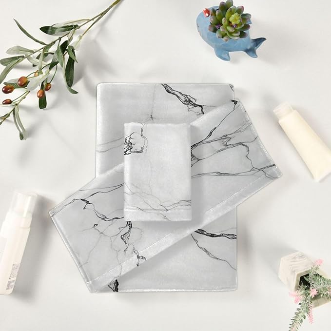 Pfrewn Marble White Towels Set of 3 Marbling Texture Art Bathroom Towel Soft Absorbent Bath Hand Towels Washcloth Guest Towel Sets Bathroom Decorations
