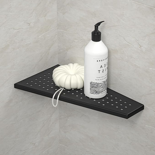 Corner Shower Shelf, Matte Black 12" Trapezoid Grout in Shampoo Shelf, 304 Stainless Steel Grid Design Recessed Bathroom Shelf for Tiled Wall